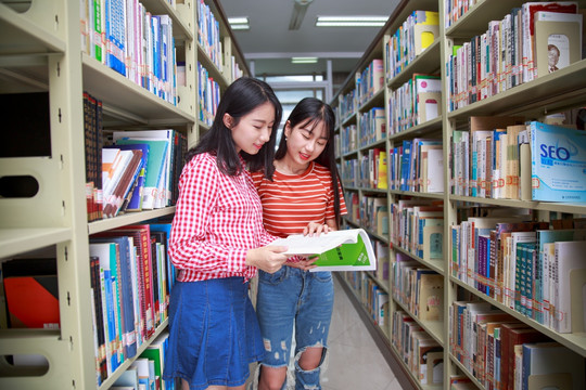 一起在图书馆里看书的女学生们