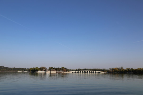 颐和园园十七孔桥和南湖岛全景