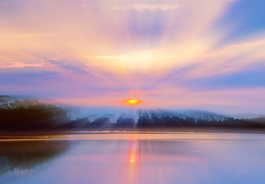 湖面 晨曦 霞光