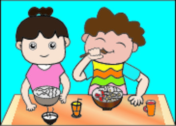 卡通漫畫男孩和女孩吃飯