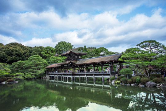 日本京都平安神宫花苑湖水桥梁