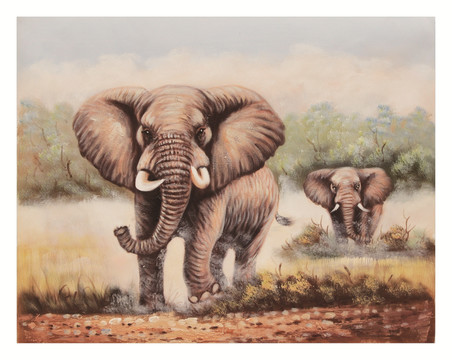 大象动物油画