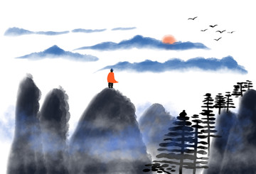 山水日出禪修裝鈽畫水墨畫