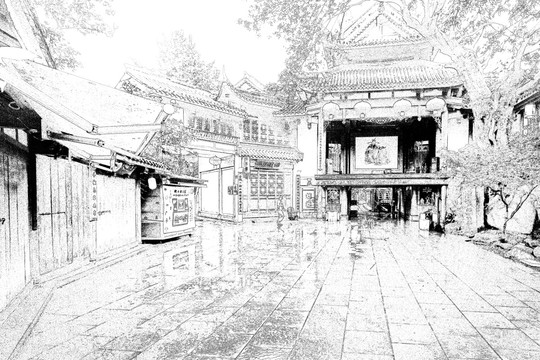 成都錦里 四川古鎮(zhèn)線描