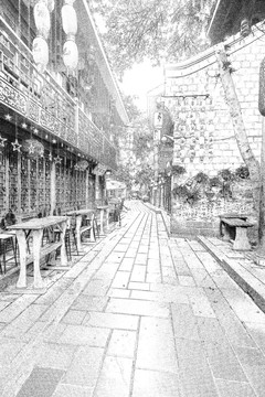 成都錦里 四川古鎮(zhèn)線描