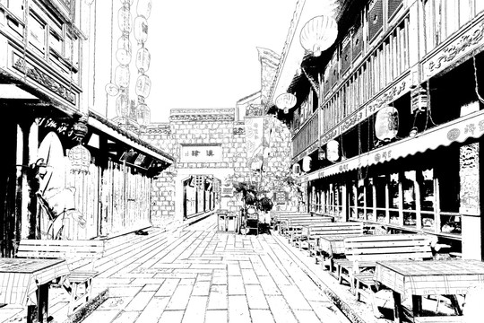 成都錦里 四川古鎮(zhèn)線描