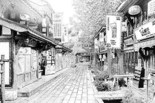 成都錦里 四川古鎮(zhèn)線描
