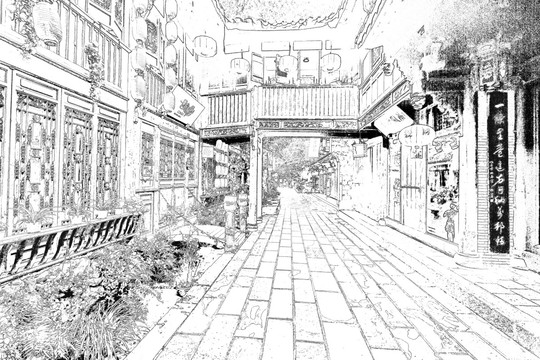 成都錦里 四川古鎮(zhèn)線描