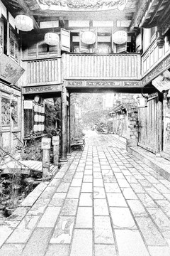 成都錦里 四川古鎮(zhèn)線描