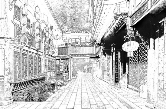 成都錦里 四川古鎮(zhèn)線描