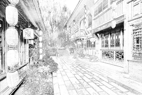 成都錦里 四川古鎮(zhèn)線描