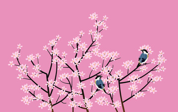 櫻花裝飾畫(huà)花鳥(niǎo)背景墻壁畫(huà)