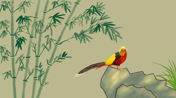 竹子錦雞巖石芘鳥(niǎo)裝飾畫(huà)壁畫(huà)