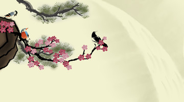 梅花松树喜鹊瀑布花鸟装饰画壁画