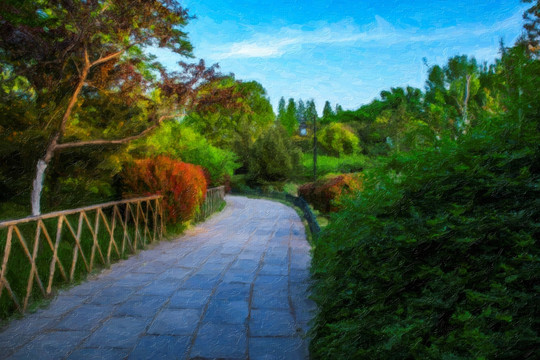 油畫大明湖的早晨