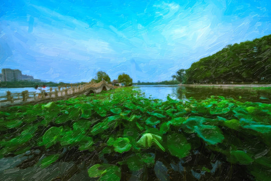 油畫大明湖風光