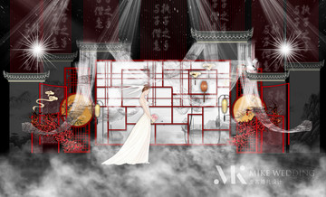 中式紅白婚禮迎賓背景
