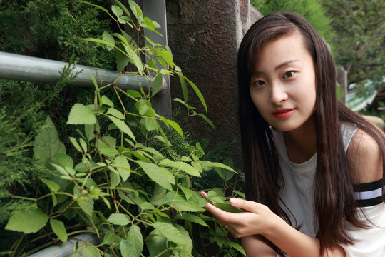 拿着一片绿叶的女大学生