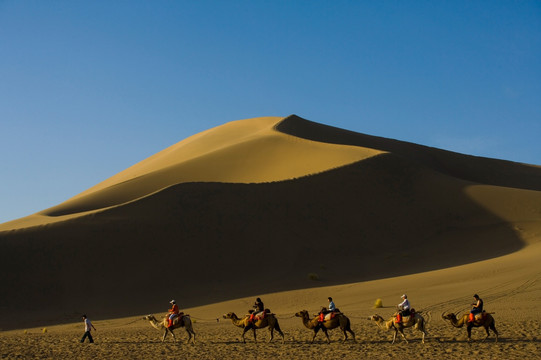 沙漠中骑骆驼的人群