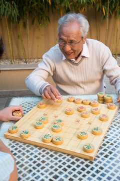 父子在庭院里下棋