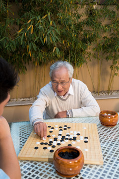 父子在庭院里下棋