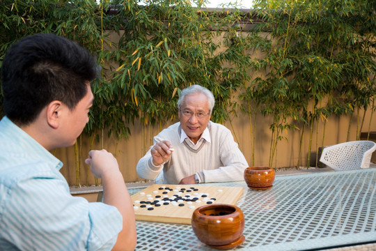 父子在庭院里下棋