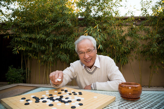 父子在庭院里下棋