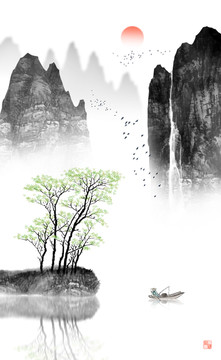 水墨山水云霧山水屏風(fēng)裝飾畫