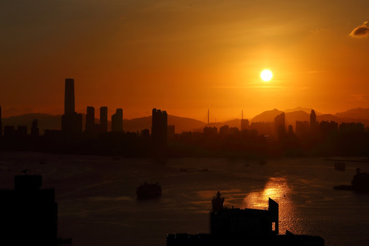 香港维多利亚港城市夕阳风光