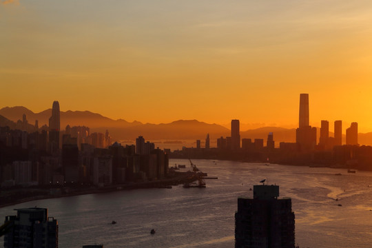 香港维多利亚港城市夕阳风光