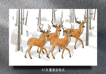 4鹿雪景油画