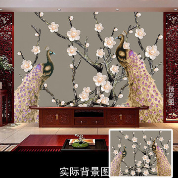 孔雀梅花素雅中式古典珠寶背景墻