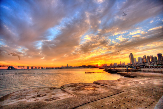 大连 星海广场 夕阳 HDR