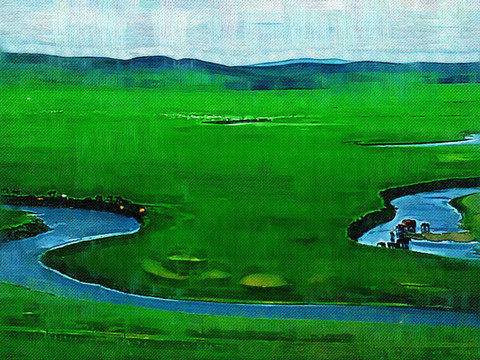 草原河流馬群