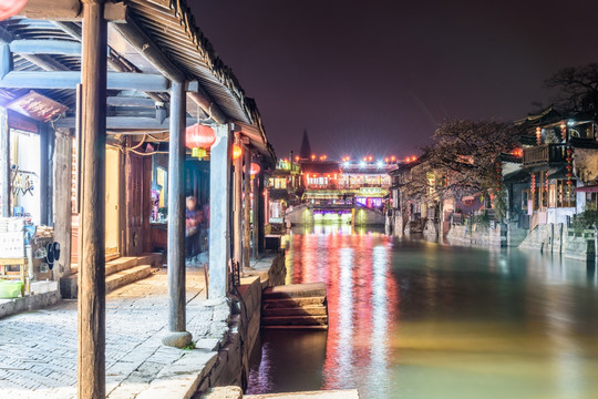 西塘烟雨长廊夜色