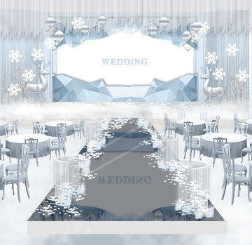 白冰藍色雪花白鹿婚禮舞臺效果圖
