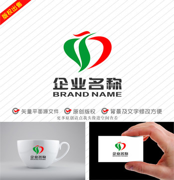 YJ字母JY標(biāo)志綠葉飛鳥(niǎo)心形