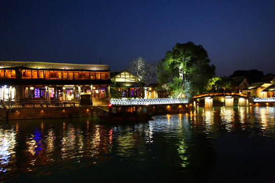 水乡 江南建筑 夜景 灯