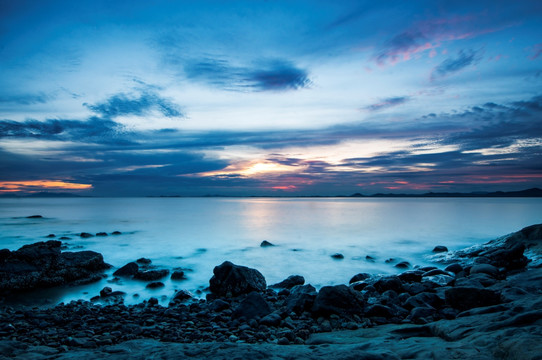 海边夕阳 天空晚霞 滩涂 倒影