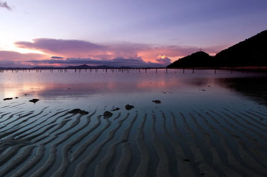 海边夕阳 天空晚霞 滩涂 倒影