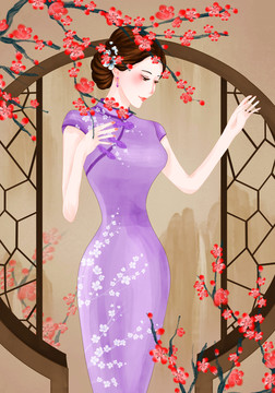 水彩風(fēng)旗袍美女