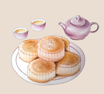 手绘水彩画中秋月饼和茶壶