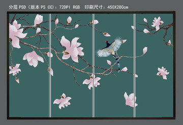 工筆木棉藍(lán)鵲新中式背景墻裝飾畫