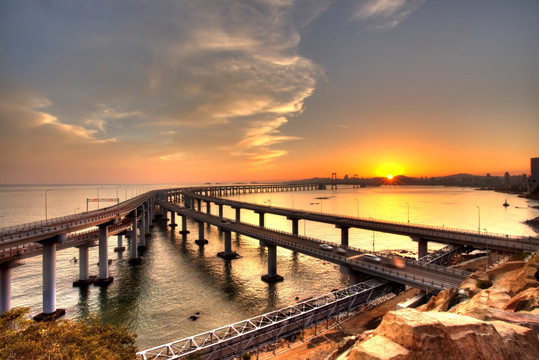 大连 星海湾大桥 夕阳 HDR