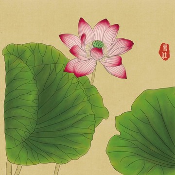 工筆畫荷花無框畫PSD