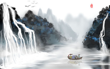 新中式山水瀑布国画