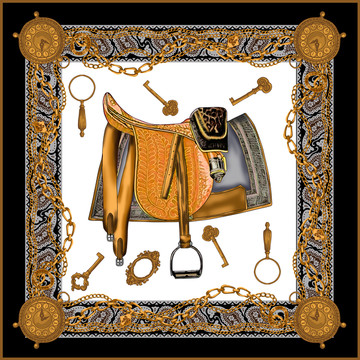 金色马鞍丝巾设计 手绘方巾图案