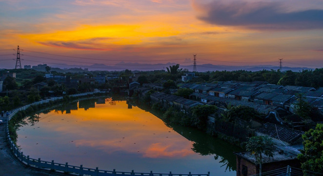 广东古村落 夕阳 晚霞