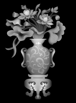 倾听荷花装花瓶带底座灰度图雕刻