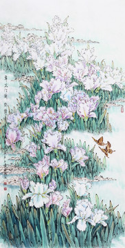鳶尾花 兩只蝴蝶 國畫